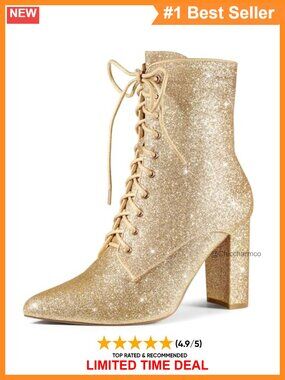 Glitter Sequin Ankle Boots Lace Up Pointed Toe Block Heel